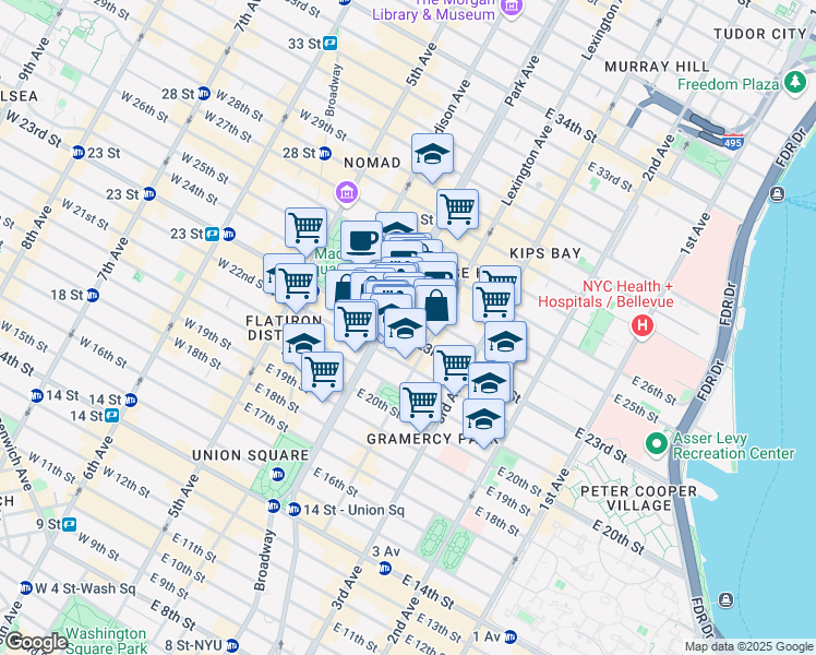 map of restaurants, bars, coffee shops, grocery stores, and more near 104 East 23rd Street in New York