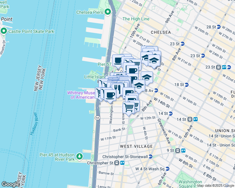 map of restaurants, bars, coffee shops, grocery stores, and more near 25 Little West 12th Street in New York