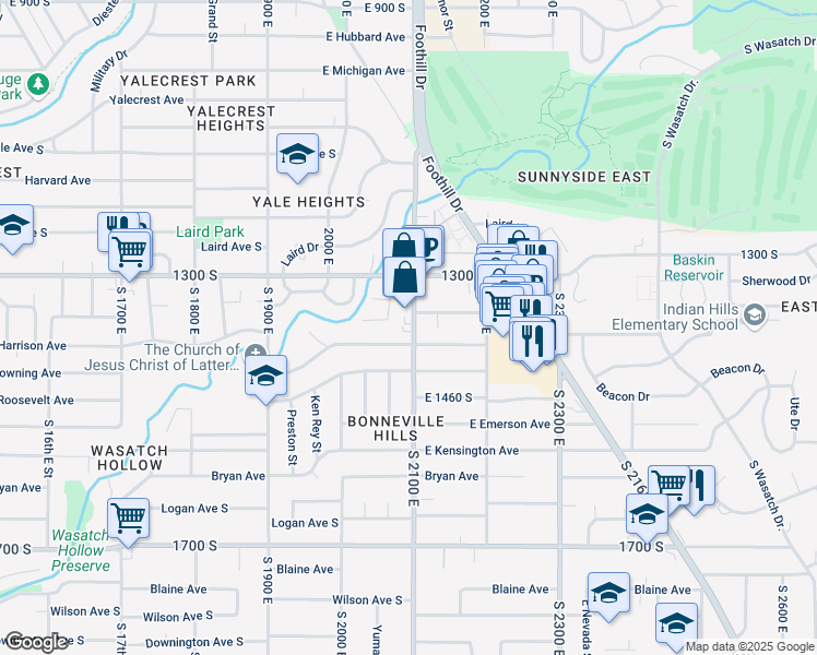 map of restaurants, bars, coffee shops, grocery stores, and more near 1370 S 2100 E in Salt Lake City