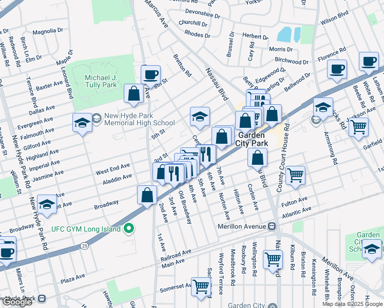map of restaurants, bars, coffee shops, grocery stores, and more near 54 2nd Street in New Hyde Park