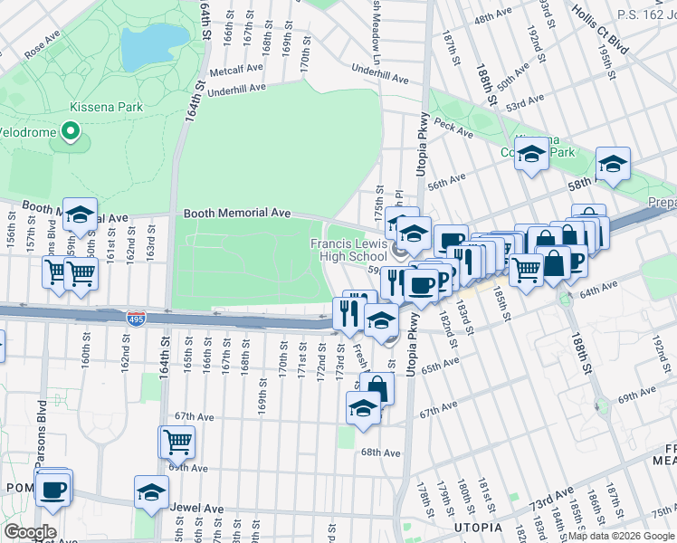 map of restaurants, bars, coffee shops, grocery stores, and more near 59-10 174th Street in Queens