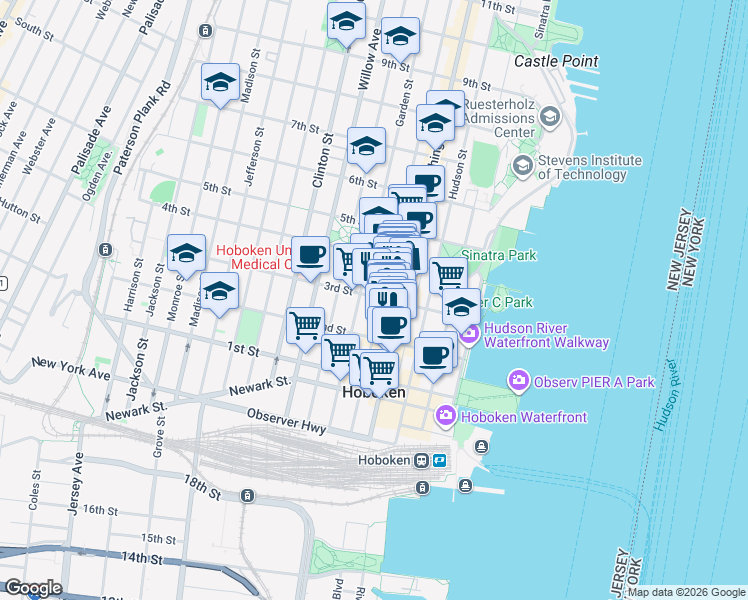 map of restaurants, bars, coffee shops, grocery stores, and more near 235 Bloomfield Street in Hoboken