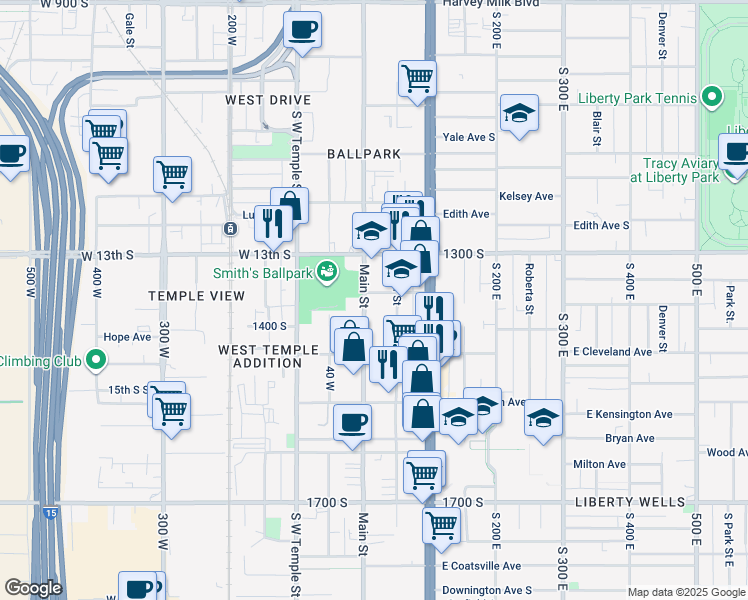 map of restaurants, bars, coffee shops, grocery stores, and more near 1361 South Main Street in Salt Lake City