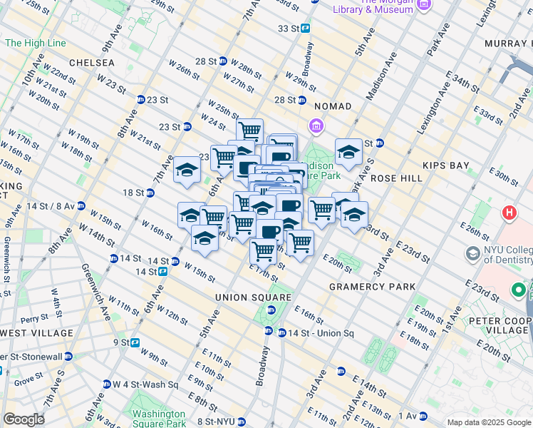 map of restaurants, bars, coffee shops, grocery stores, and more near 160 5th Avenue in New York
