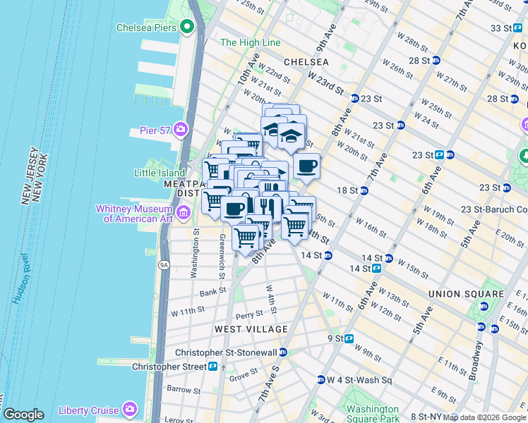 map of restaurants, bars, coffee shops, grocery stores, and more near 326 West 14th Street in New York