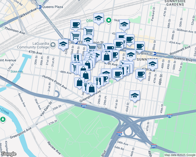 map of restaurants, bars, coffee shops, grocery stores, and more near 38-16 48th Avenue in Queens