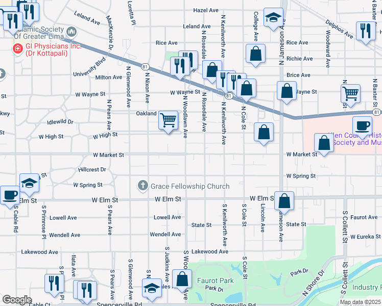 map of restaurants, bars, coffee shops, grocery stores, and more near 1351 West Market Street in Lima
