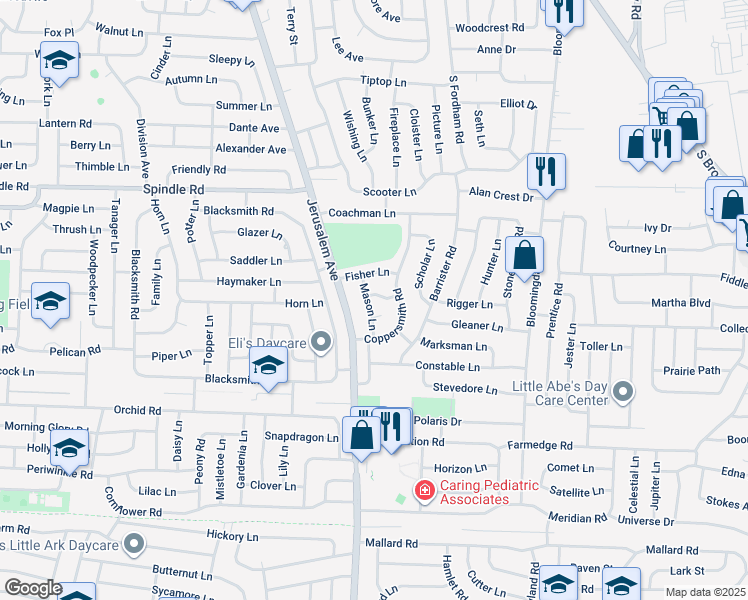 map of restaurants, bars, coffee shops, grocery stores, and more near 4 Printer Lane in Levittown