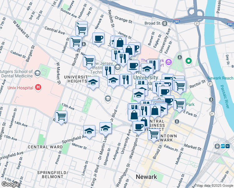 map of restaurants, bars, coffee shops, grocery stores, and more near 154 Summit Street in Newark
