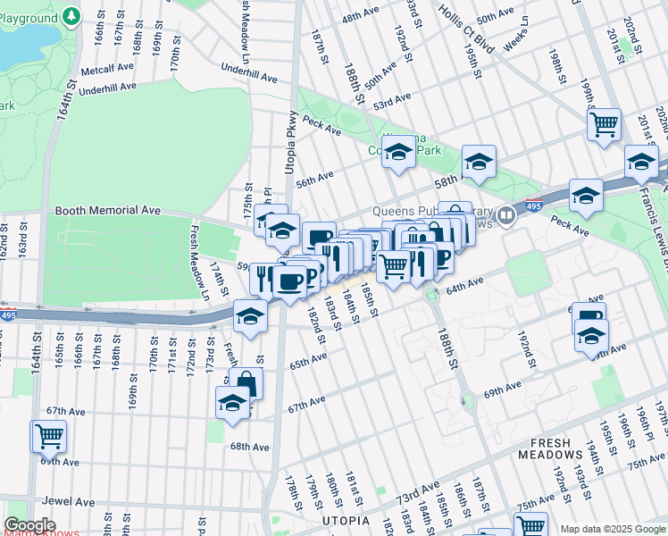 map of restaurants, bars, coffee shops, grocery stores, and more near Horace Harding Expressway in Queens