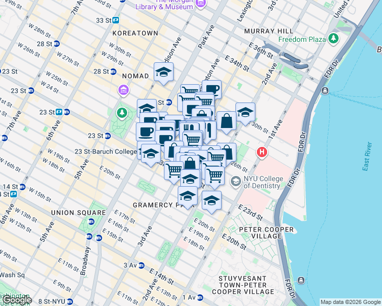 map of restaurants, bars, coffee shops, grocery stores, and more near 3rd Ave & E 25th St in New York