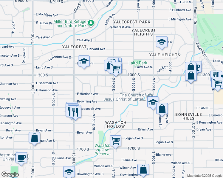 map of restaurants, bars, coffee shops, grocery stores, and more near 1362 South 1700 East in Salt Lake City