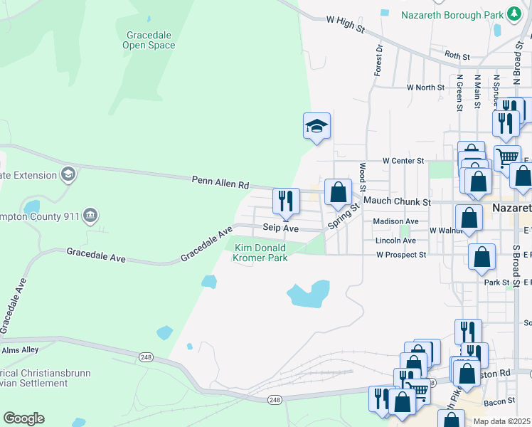 map of restaurants, bars, coffee shops, grocery stores, and more near 635 Heckman Avenue in Nazareth