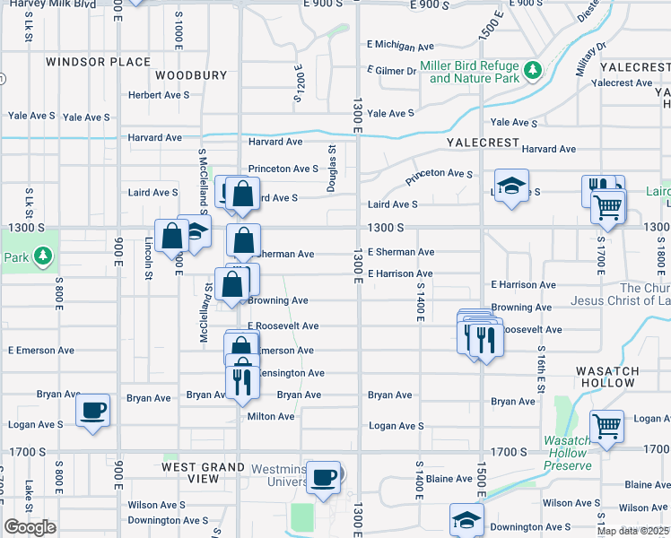 map of restaurants, bars, coffee shops, grocery stores, and more near 1249 Harrison Avenue South in Salt Lake City