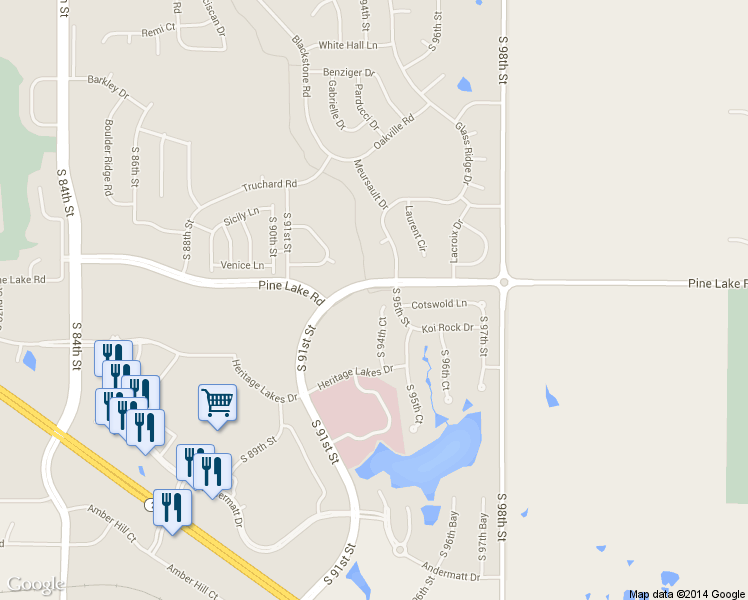 map of restaurants, bars, coffee shops, grocery stores, and more near 7119 South 94th Court in Lincoln