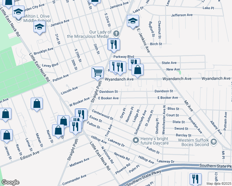 map of restaurants, bars, coffee shops, grocery stores, and more near 54 Davidson Street in Wyandanch