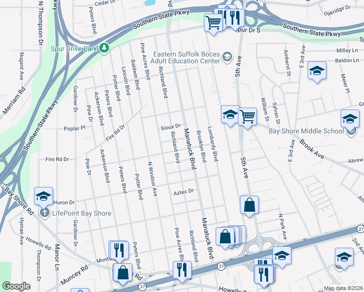 map of restaurants, bars, coffee shops, grocery stores, and more near 1401 Richland Boulevard in Bay Shore