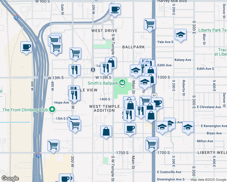 map of restaurants, bars, coffee shops, grocery stores, and more near 1365 South West Temple in Salt Lake City