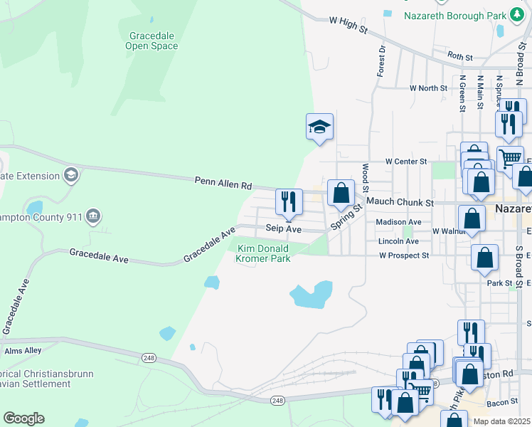 map of restaurants, bars, coffee shops, grocery stores, and more near 637 Heckman Avenue in Nazareth