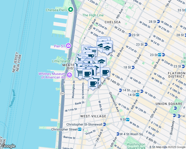 map of restaurants, bars, coffee shops, grocery stores, and more near 18 9th Avenue in New York