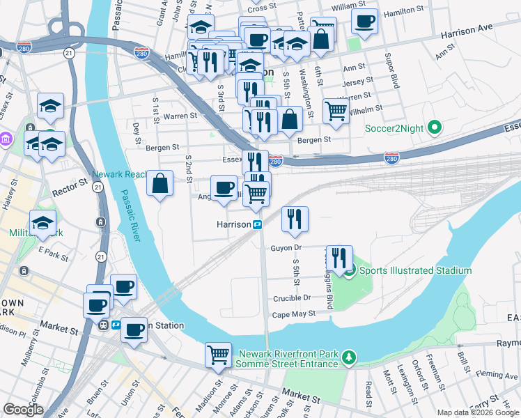 map of restaurants, bars, coffee shops, grocery stores, and more near Frank E Rodgers Boulevard South in Harrison