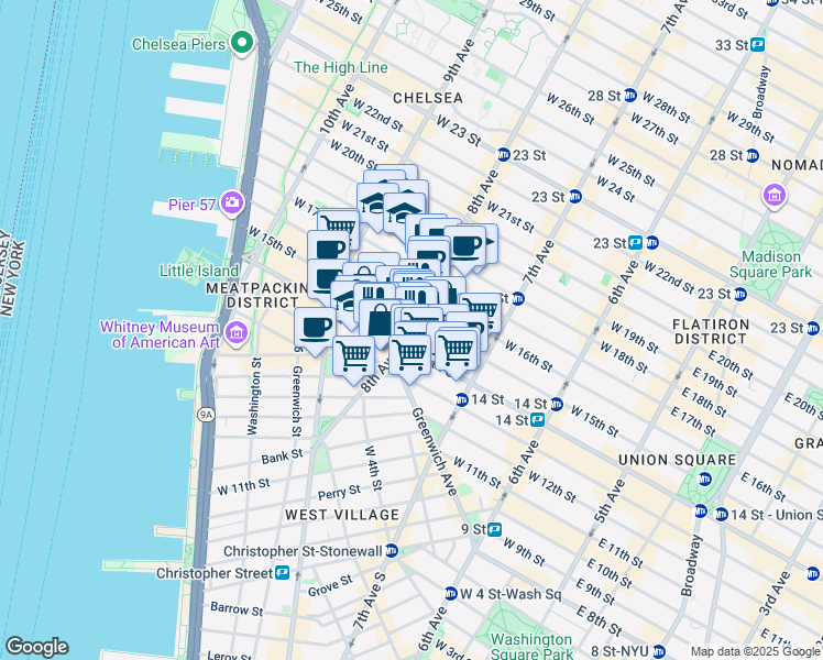 map of restaurants, bars, coffee shops, grocery stores, and more near 300 West 14th Street in New York