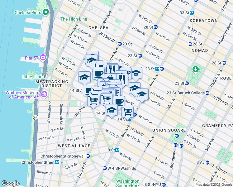 map of restaurants, bars, coffee shops, grocery stores, and more near 201 West 16th Street in New York