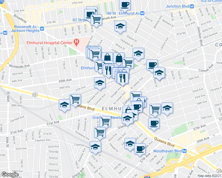 map of restaurants, bars, coffee shops, grocery stores, and more near 83-02 Cornish Avenue in Queens