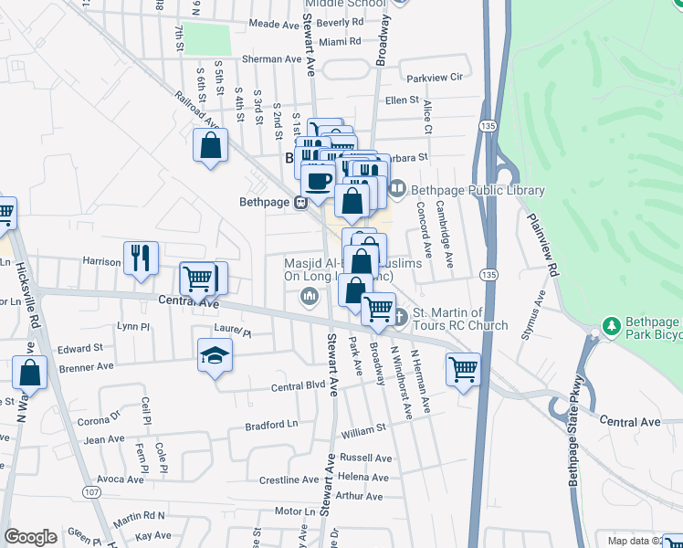 map of restaurants, bars, coffee shops, grocery stores, and more near 30 Baldwin Place in Bethpage