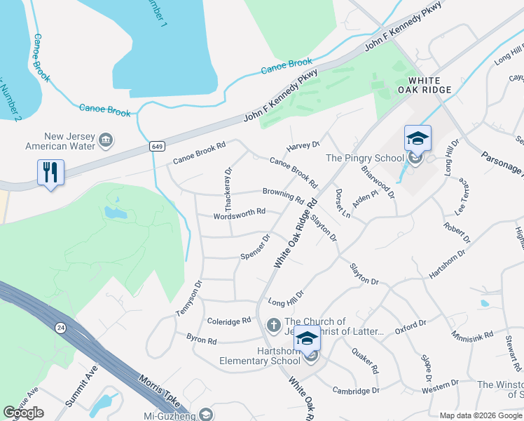 map of restaurants, bars, coffee shops, grocery stores, and more near 15 Wordsworth Road in Millburn