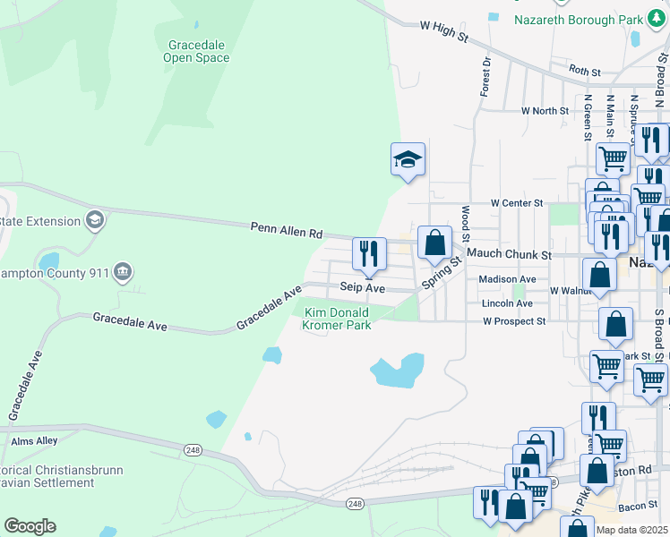 map of restaurants, bars, coffee shops, grocery stores, and more near 647 Heckman Avenue in Nazareth
