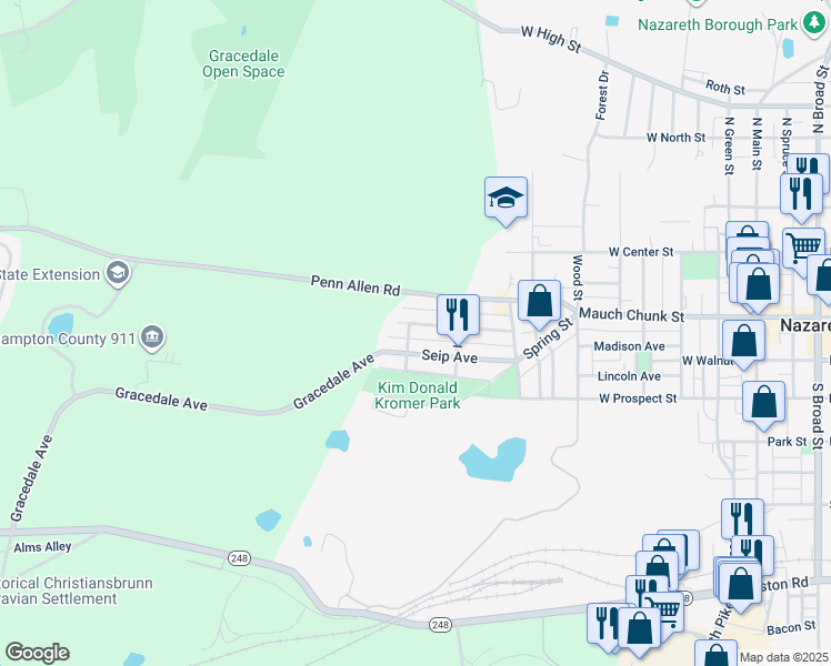 map of restaurants, bars, coffee shops, grocery stores, and more near 647 Heckman Avenue in Nazareth
