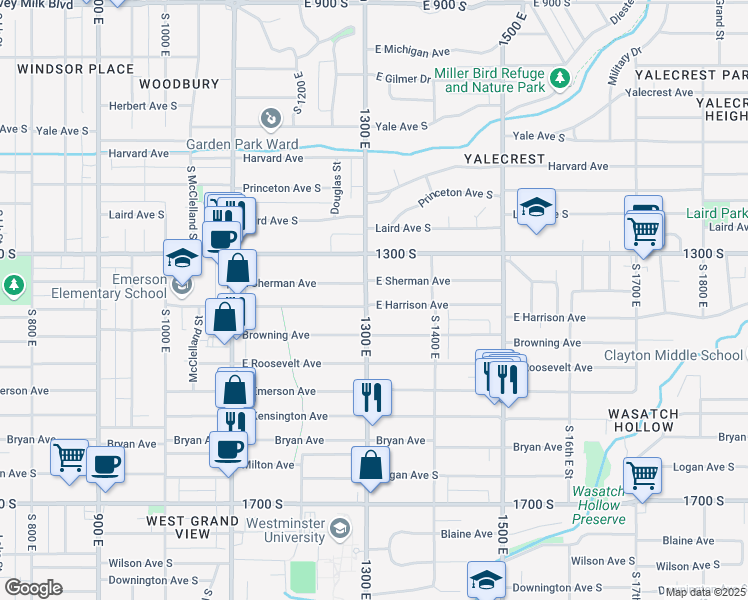map of restaurants, bars, coffee shops, grocery stores, and more near 1363 1300 East in Salt Lake City