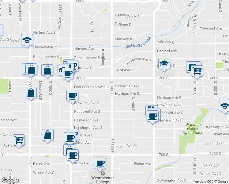 map of restaurants, bars, coffee shops, grocery stores, and more near 1363 South 1300 East in Salt Lake City