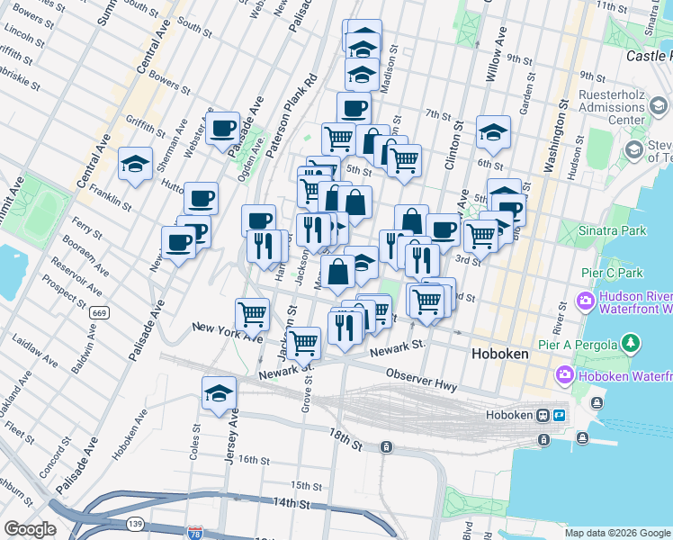 map of restaurants, bars, coffee shops, grocery stores, and more near 509 2nd Street in Hoboken