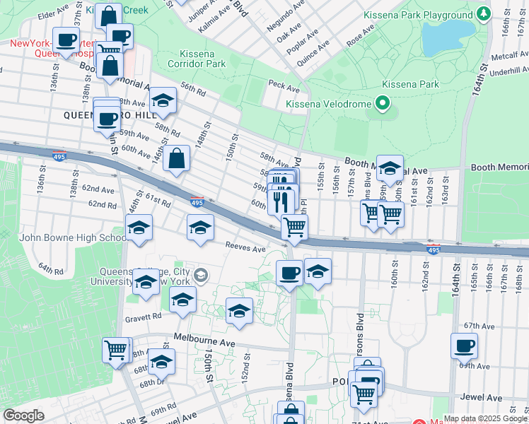 map of restaurants, bars, coffee shops, grocery stores, and more near 153-22 60th Avenue in Queens