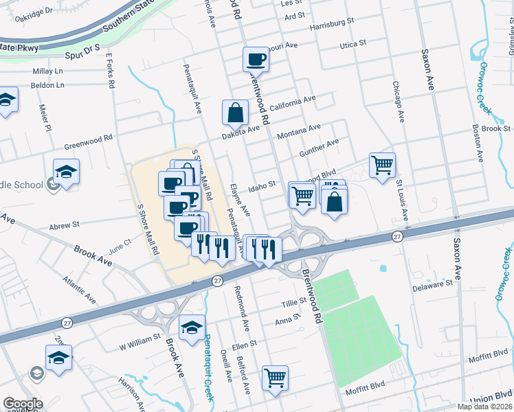 map of restaurants, bars, coffee shops, grocery stores, and more near 1327 Illinois Avenue in Bay Shore