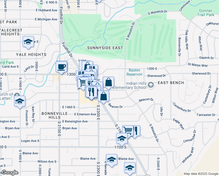 map of restaurants, bars, coffee shops, grocery stores, and more near 2349 South Sheridan Road in Salt Lake City