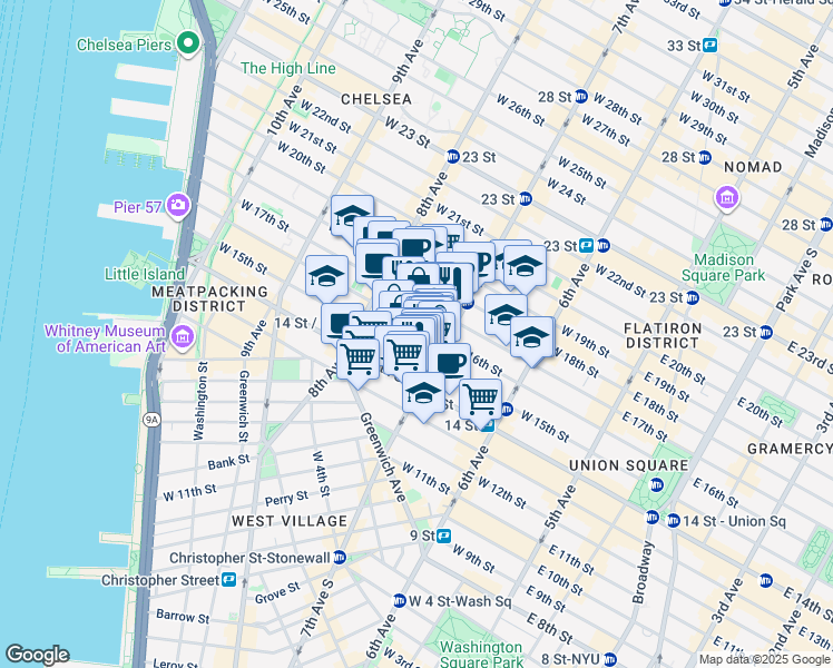 map of restaurants, bars, coffee shops, grocery stores, and more near 216 West 16th Street in New York