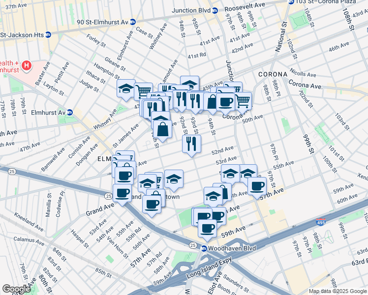 map of restaurants, bars, coffee shops, grocery stores, and more near 90-57 51st Avenue in Queens