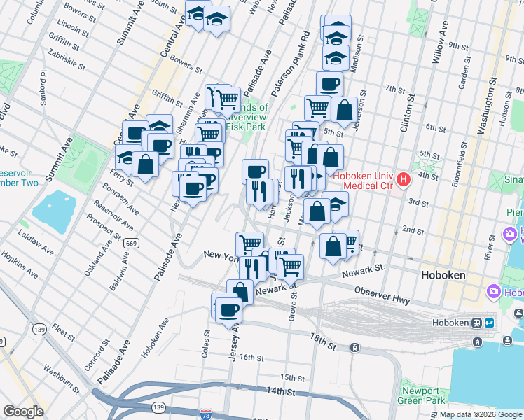 map of restaurants, bars, coffee shops, grocery stores, and more near 700 1st Street in Hoboken