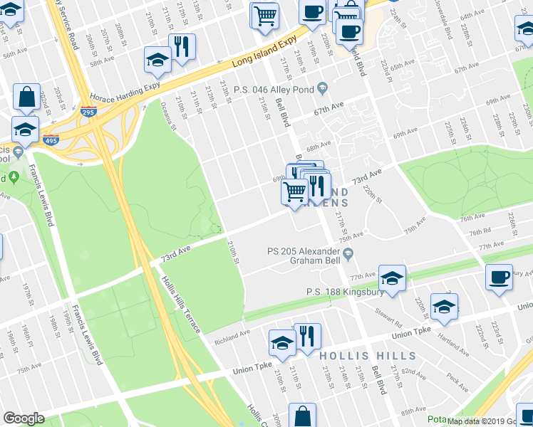map of restaurants, bars, coffee shops, grocery stores, and more near 69-50A 213th Street in Queens