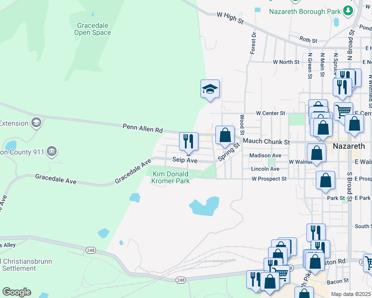 map of restaurants, bars, coffee shops, grocery stores, and more near 603 Heckman Avenue in Nazareth