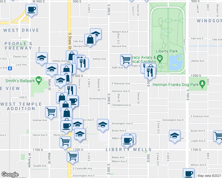map of restaurants, bars, coffee shops, grocery stores, and more near 1359 South 300 East in Salt Lake City