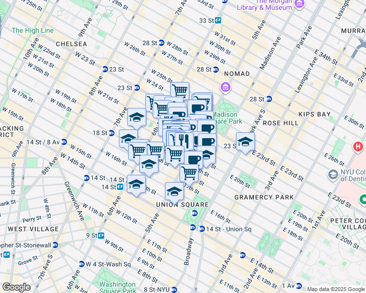 map of restaurants, bars, coffee shops, grocery stores, and more near 20 West 20th Street in New York