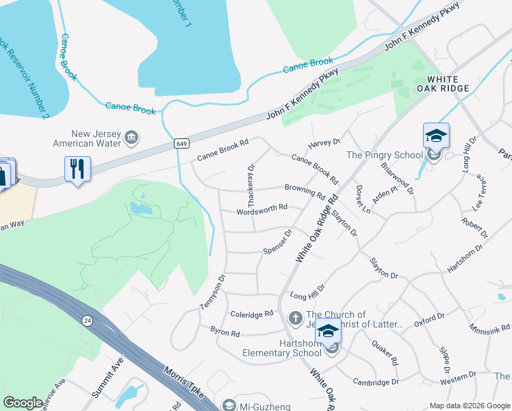 map of restaurants, bars, coffee shops, grocery stores, and more near 18 Thackeray Drive in Millburn