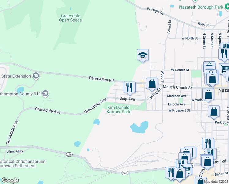 map of restaurants, bars, coffee shops, grocery stores, and more near 702 West Locker Street in Nazareth