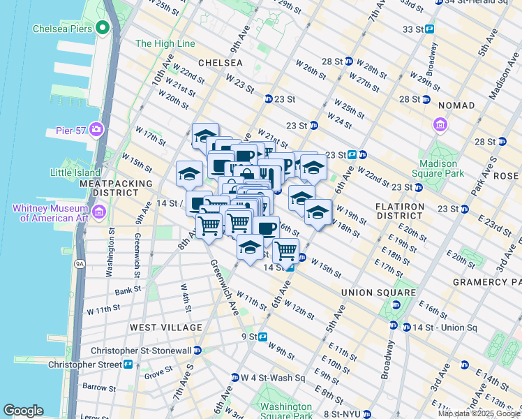 map of restaurants, bars, coffee shops, grocery stores, and more near 210 West 16th Street in New York
