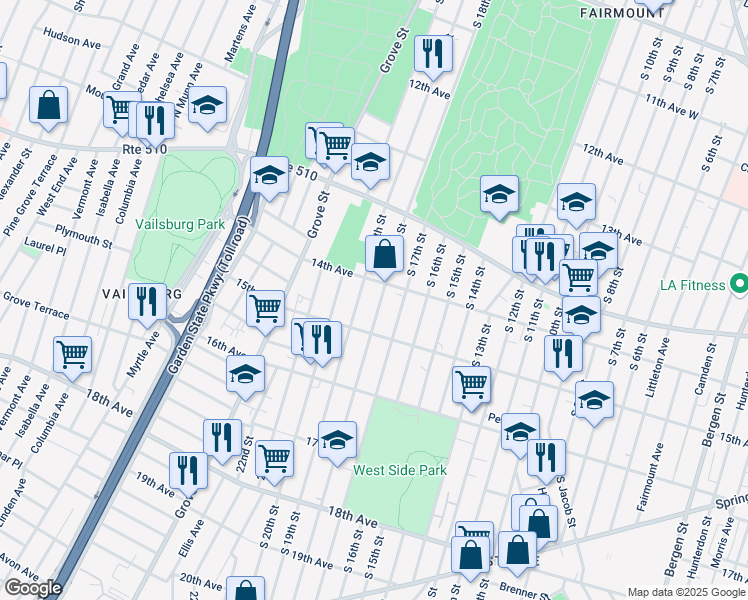 map of restaurants, bars, coffee shops, grocery stores, and more near 492 South 19th Street in Newark