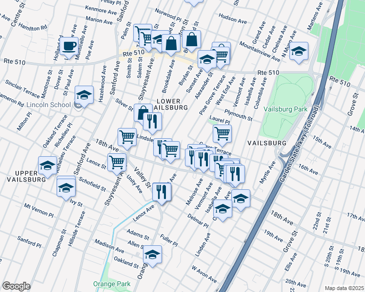 map of restaurants, bars, coffee shops, grocery stores, and more near 169 West End Avenue in Newark